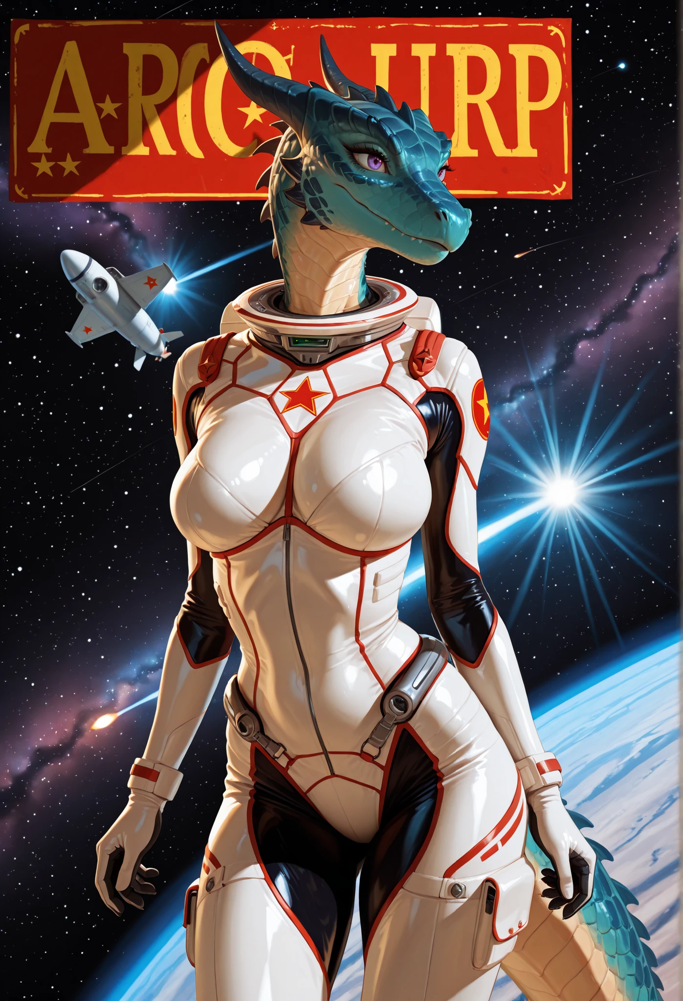 (anthro_dragon,female,high detailed scalie skin, slim body), ultra realistic, full growth, detailed facial features, big fake breasts, ((Soviet poster depicting a girl riding a rocket in pin-up style, outer space, tight futuristic cspacesuit)), elegant posture, serene expression, piercing eyes, intricate scales, photorealistic, 8K, HDR, natural lighting, physically based rendering, extremely detailed, professional, vibrant colors, sunlight, soft fog, dramatic lighting, fantasy digital art, concept art, digital painting
