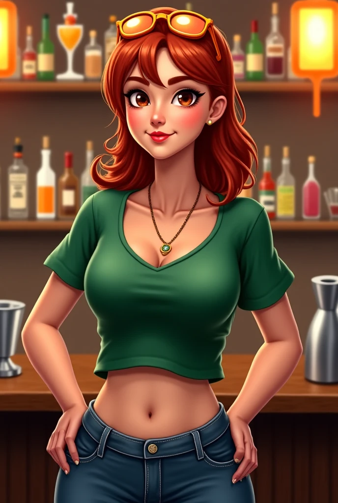 an orange-haired girl bartender comic style