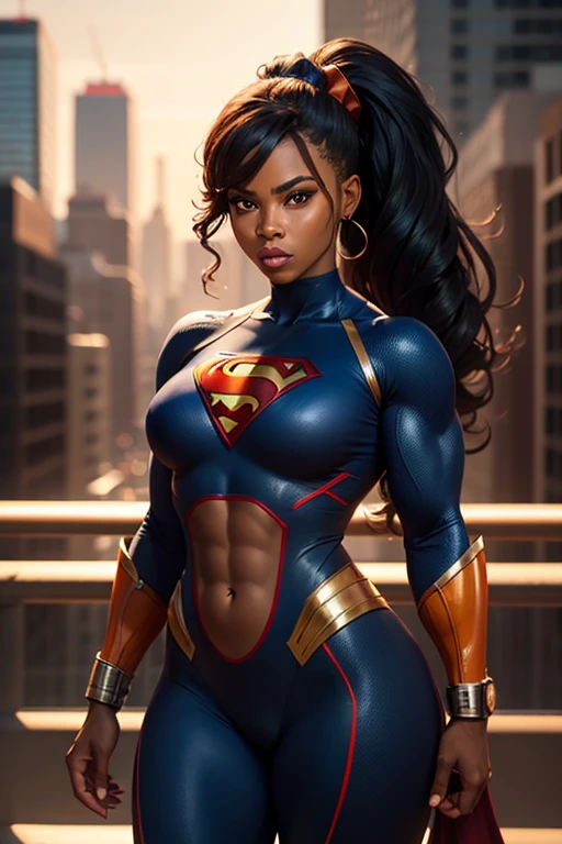 A gorgeous superheroine stands on a deserted street illuminated by the sunrise., African American, Black skin, Brown curly hair, Oily skin, Sexy masterpieces, Best Quality, Highest Quality, High Definition, Highly detailed, 8K, Athletic and well-fitting body, Naughty, Perfect hands, Detailed hand, Perfect eyes, Detailed eyes, determined, Sexy, Realistic, Dynamic, cleavage,