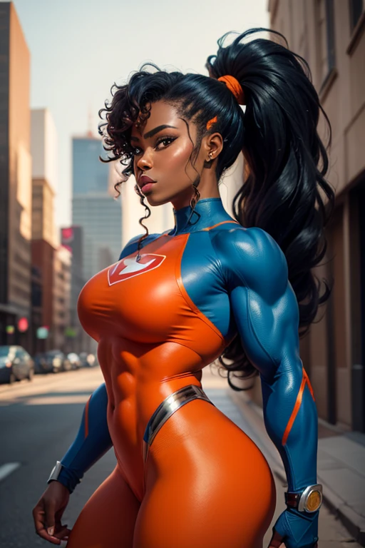 (melhor qualidade,4k,8k,alta resolução,masutepiece:1.2), (mulher negra, Ebony ball, 30 anos), cintura fina, (bunda enorme), (BBW), (Sagging Tits: 1,5), cabelo afro, (red hair), (caminhando na rua), ( sexy bright leather Superman dress Costume), sexy, sensual, hot, sorridente, (Sagging Tits: 1,5), decotes, bunda enormes. (do lado), (perfect hands)