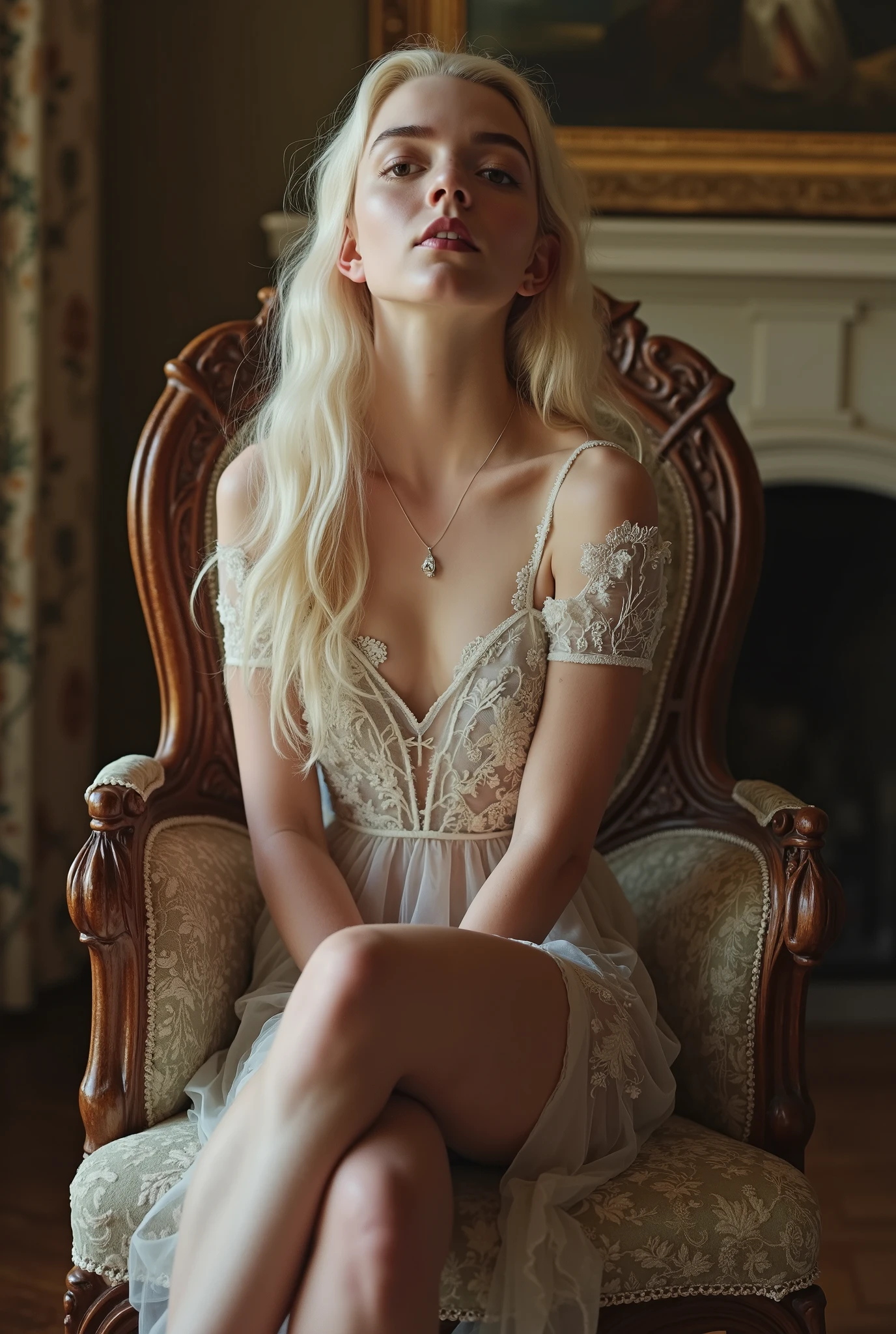 seductive girl sits gracefully on carved wooden chair, she has long wavy white hair, sheer white embroidered dress with floral patterns, she looks at the viewer with a sensual gaze, sensual expression, she has a relaxed pose with her legs spread, she poses like a fashion model, open armpits, open skinny legs, natural light skin tone, detailed skin texture, realistic skin with vellus hair and small moles, Rococo style room interior, the room's decor includes patterned wallpaper and a framed painting on the wall, high quality, best quality, cinematography, cinematic scene, masterpiece, soft and dramatic lighting, elegant and classic vintage atmosphere, 1920s photography, vintage photography, professional photography, intricate details,