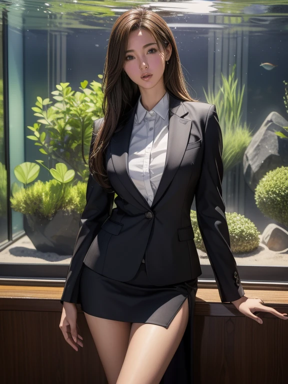 Office、, Highest quality, shape, Very detailed, In detail, High resolution, 8k wallpaper, Perfect dynamic composition, Beautiful details, Natural Lip, suit, Big Breasts, Cleavage, she;Looking Outside, she嬉しそうに笑っている..., A masterpiece of the whole body, Full Body Shot