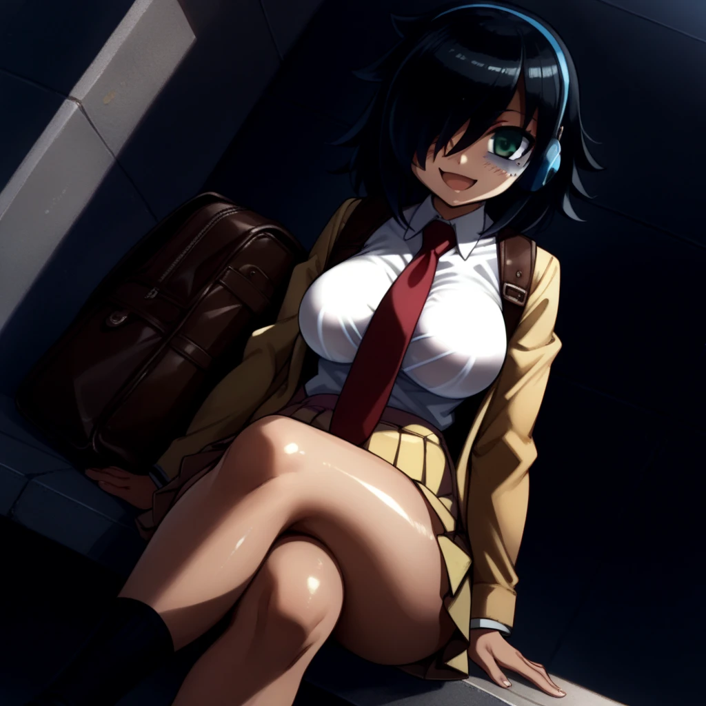 Female police officer uniform, Light blue short sleeve shirt, Navy tie,Ass from the back, panty shot, High Waist Mini Skirt,Panties dig into the buttocks, holster, White gloves, Police hat, handcuffs, Absurd, RAW Photos, Very delicate and beautiful, masterpiece, highest quality, Ultra-high resolution, 32k, Surreal, Super detailed, Milky skin, 20-year-old, Earrings, Wavy Hair, Full Body Shot, Black Hair, Deep Purple Eyes,
