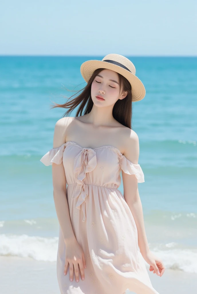 1 Girl,seaside,Soft Light,Chinese Beauty,Slip nightdress