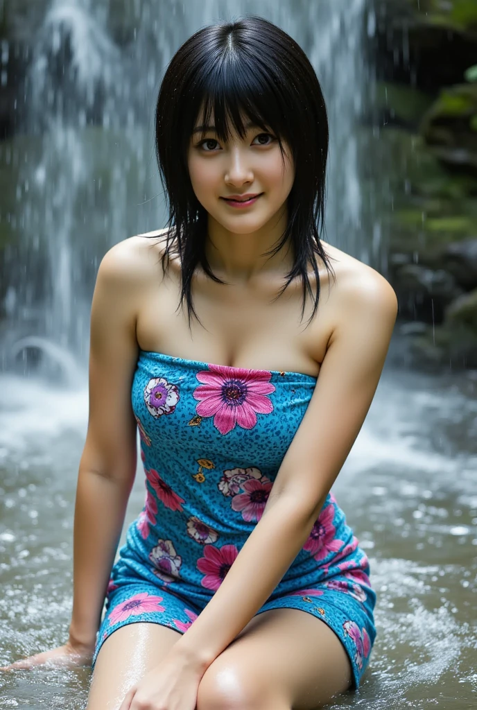 Photo-realistic quality、A Japanese female model wearing a colorful, thin summer dress is running along a stream in the forest., Water is splashing、Cute smile, Japanese Model, Beautiful Japanese Face, Young and cute gravure idol, Cute young woman, Beautiful and smiling, cute beautiful, Real young gravure idol, An innocent smile, beautiful flowing feeling, Young Sensual Gravure Idol, Beautiful cute, Smiling Kindly, ほんのりCute smile、looking at the camera、Detailed and beautiful eyes、Cute smile、A soft and gentle look