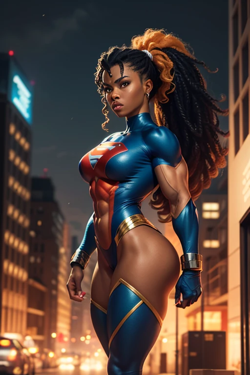 (melhor qualidade,4k,8k,alta resolução,masutepiece:1.2), (Obra-prima Black woman beautiful , superheroine), (Ebony Pelé), (BBW, 45 Anos de idade), quadris enorme, cintura fina, (seios grandes: 1,9), (clivagem profunda), tiro da cintura, (cabelos lisos), (roupa superheroina Supergirl sexy) , coxas grossas, pernas grossas, sensual, hot, sorridente, (Sagging Tits: 1,9) , decotes enormes. ((mesmo personagem, headpe,, side))