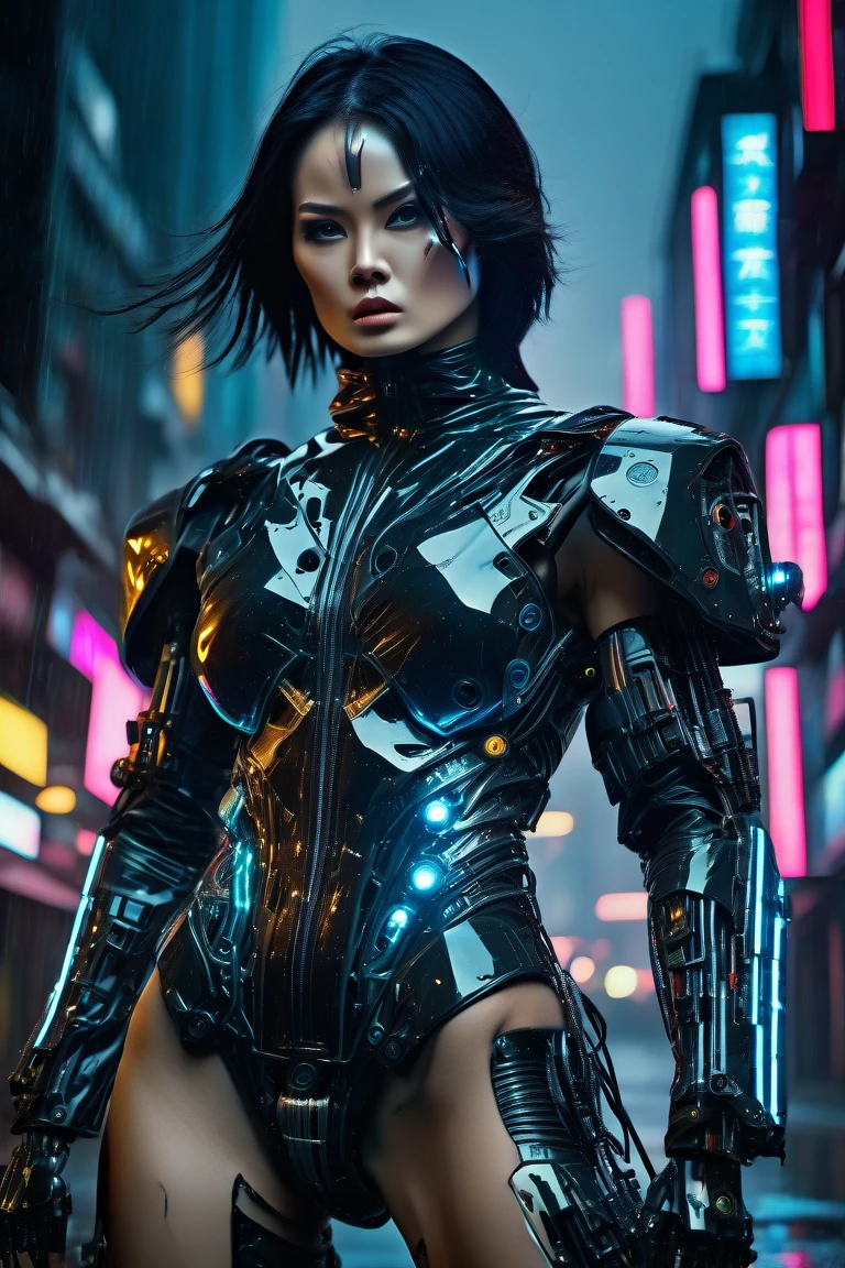 il y a une femme qui se tient sur un balcon avec une horloge, Style cyberpunk , hyperrealistic, dans la ville cyberpunk, dans une ville cyberpunk, body cyberpunk, hyper-realistic Style cyberpunk, Cyberpunk aesthetic, style like a ghost in the shell, style artistique cyberpunk, dans une ville cyberpunk futuriste, belle fille cyberpunk, ultrarealistic cyberpunk art 8k, photo cyberpunk, Cyberpunk Hiroshima