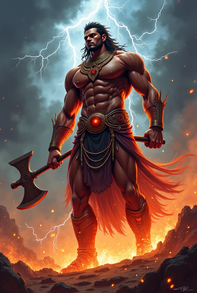 A Sri Lankan deity standing holding an ax with fire on both sides in his left hand and an iron chain attached to the ax in his right hand. His body is strong and muscular development has developed.