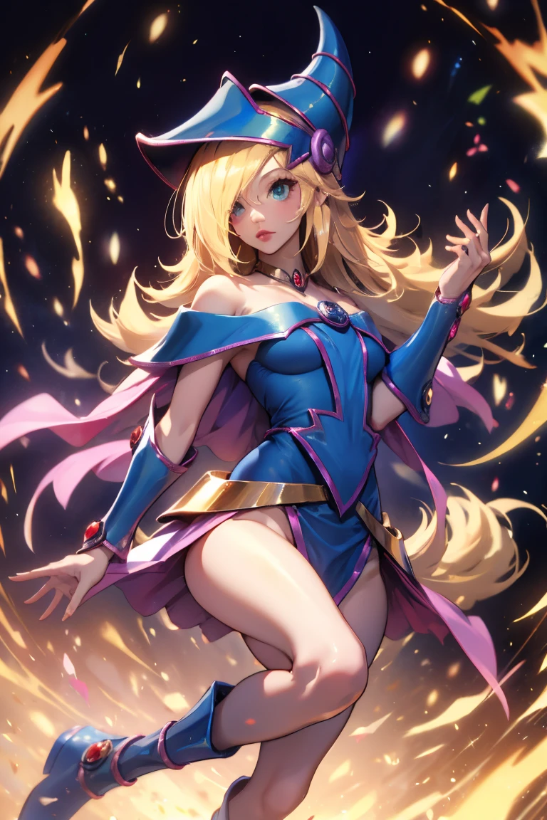 (Obra maestra:1.2), (La mejor calidad:1.2), Perfect lighting, Chica Maga Oscura lanzando un hechizo, flotando en el aire, tetas grandes, escote, fondo de magia. Corazones transparente en el hambiente, blue robe, sombrero grande, desde arriba, Destellos, Yugioh Card en el fondo
