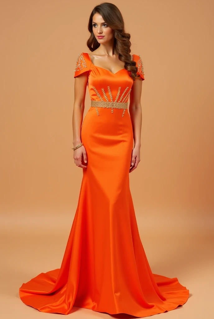 Create a realistic photo of a woman wearing a form-fitting evening gown in pastel orange. The gown should be elegant and sophisticated, highlighting the woman's grace. The background should feature a vibrant floral wall with a mix of colorful flowers. The scene should be set at the end of the day, with the soft, warm light of the evening creating a beautiful, serene atmosphere. Ensure the pastel orange gown contrasts beautifully with the multi-colored floral backdrop, capturing a sense of refined elegance and tranquility.