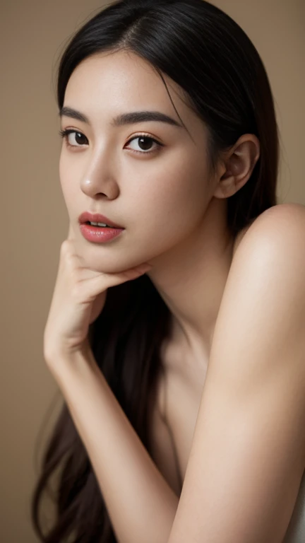 ((Best quality, 8k, Masterpiece:1.3)), A topless Malay lady, (30 years old:1.2), with an attractive figure:1.3, lies comfortably on the bed:1.1. Her skin has a rich, natural tone and is depicted with highly detailed facial and body texture:1.2. Her eyes are closed, revealing long, thick eyelashes and subtle double eyelids:1.3. She has long, dark hair that falls in loose waves around her shoulders:1.2, with a few strands sticking to her forehead and neck. The bedsheets are lightly creased, providing context to the scene:1.1. The room