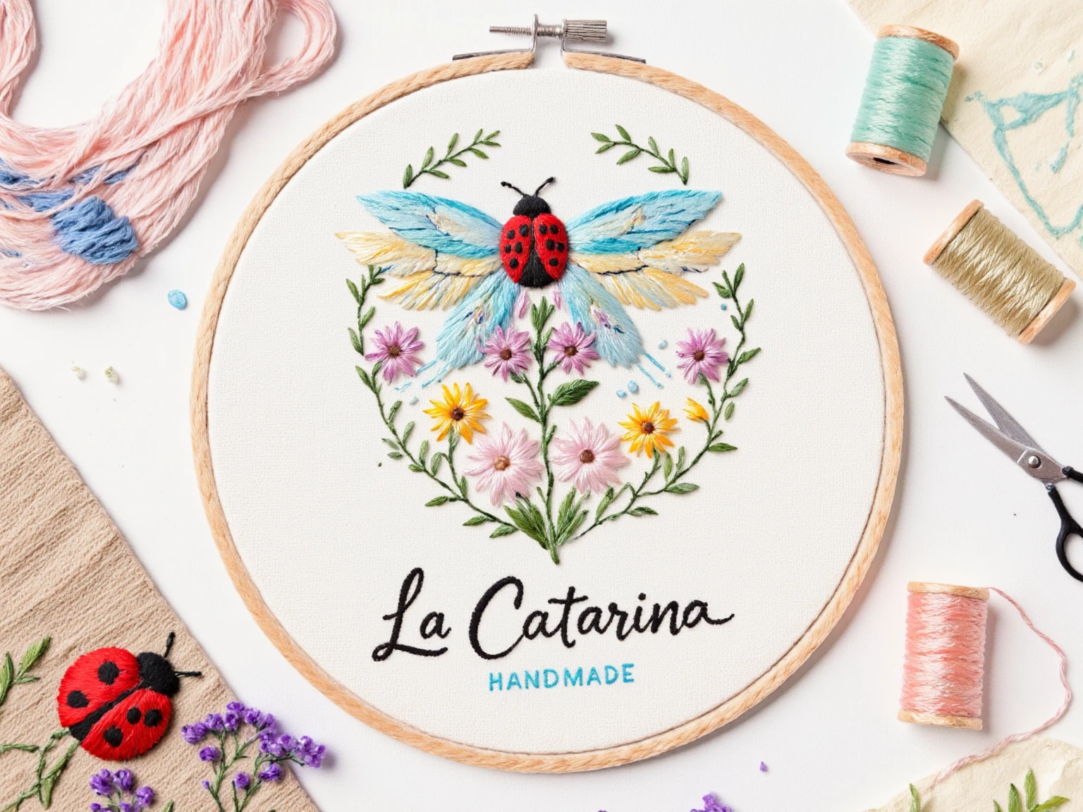 "A delicate hand-embroidered logo for a handmade crafts store called 'La Catarina Handmade'. The design features a cute ladybug (catarina) with intricate stitching details, surrounded by craft elements like a threaded needle, tiny scissors, and a spool of pastel-colored thread. The ladybug's wings should look like they are sewn with visible cross-stitches or satin stitches, and the body has tiny French knots for texture. The background mimics a rustic linen or burlap fabric with subtle frayed edges. Use a soft pastel palette: blush pink, mint green, baby blue, and cream. The store name is written in a hand-stitched font, with uneven letters to emphasize the handmade aesthetic. Add tiny decorative elements like floral vines or loose threads for authenticity. Style: whimsical, artisanal, with a 3D embroidery hoop effect to make it look like a real piece. Avoid flat designs; prioritize tactile textures and handmade imperfections.""intricate details, studio lighting, close-up""intricate details, studio lighting, close-up"