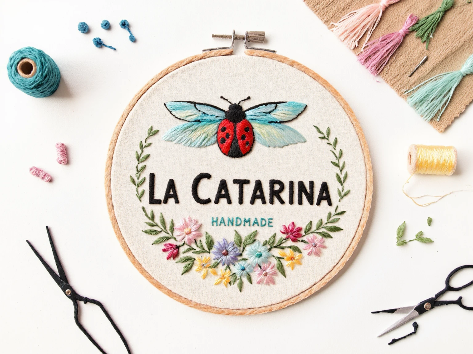 "A delicate hand-embroidered logo for a handmade crafts store called 'La Catarina Handmade'. The design features a cute ladybug (catarina) with intricate stitching details, surrounded by craft elements like a threaded needle, tiny scissors, and a spool of pastel-colored thread. The ladybug's wings should look like they are sewn with visible cross-stitches or satin stitches, and the body has tiny French knots for texture. The background mimics a rustic linen or burlap fabric with subtle frayed edges. Use a soft pastel palette: blush pink, mint green, baby blue, and cream. The store name is written in a hand-stitched font, with uneven letters to emphasize the handmade aesthetic. Add tiny decorative elements like floral vines or loose threads for authenticity. Style: whimsical, artisanal, with a 3D embroidery hoop effect to make it look like a real piece. Avoid flat designs; prioritize tactile textures and handmade imperfections.""intricate details, studio lighting, close-up""intricate details, studio lighting, close-up"