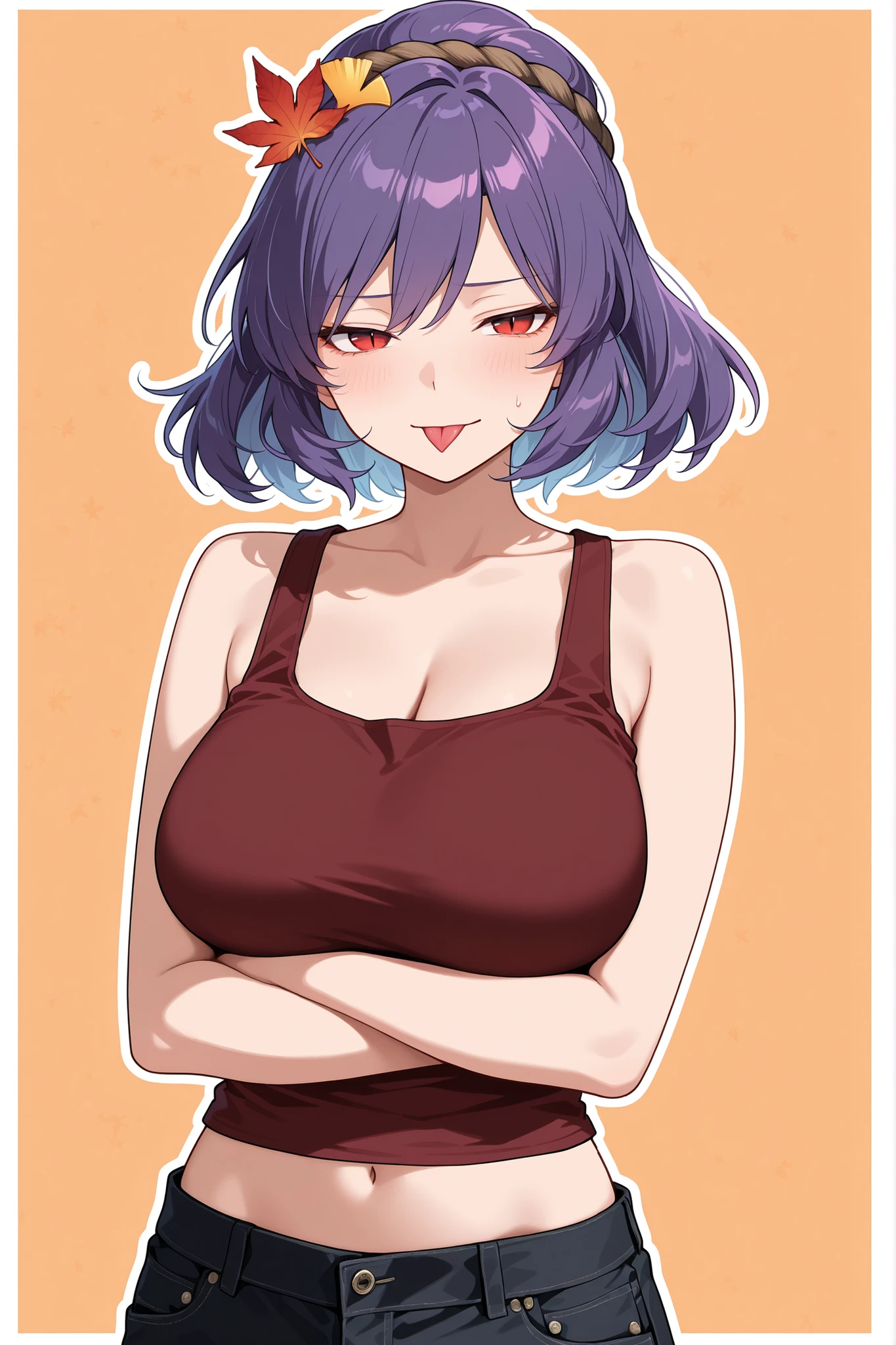 masterpiece, best quality, amazing quality, very aesthetic, colorful, safe, cowboy shot, 1girl, mature female, (yasaka kanako), \(Touhou\), worried, squinting, :p, arms under breasts, purple hair, red eyes, slit pupils, forked tongue, breasts, alternate costume, maple leaf, leaf hair ornament, dark red tank top, midriff, black jeans, simple background, light orange background, outline, white border, (anime screencap:1.1)