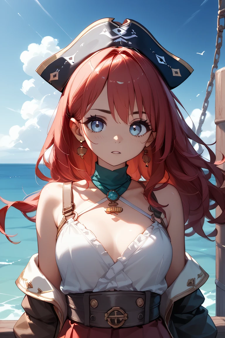 portrait of emilyrudd, nami, a woman, redhead, short red hair, in a pirate ship, huge breasts, breasts larger than head, thick thighs, abs, large brasts, massive breasts, hyper breasts, bubble ass, bubble butt, (best quality:1.1), (masterpiece:1.4), (absurdres:1), (masterpiece), best quality, expressive eyes, perfect face, curvilienar waist