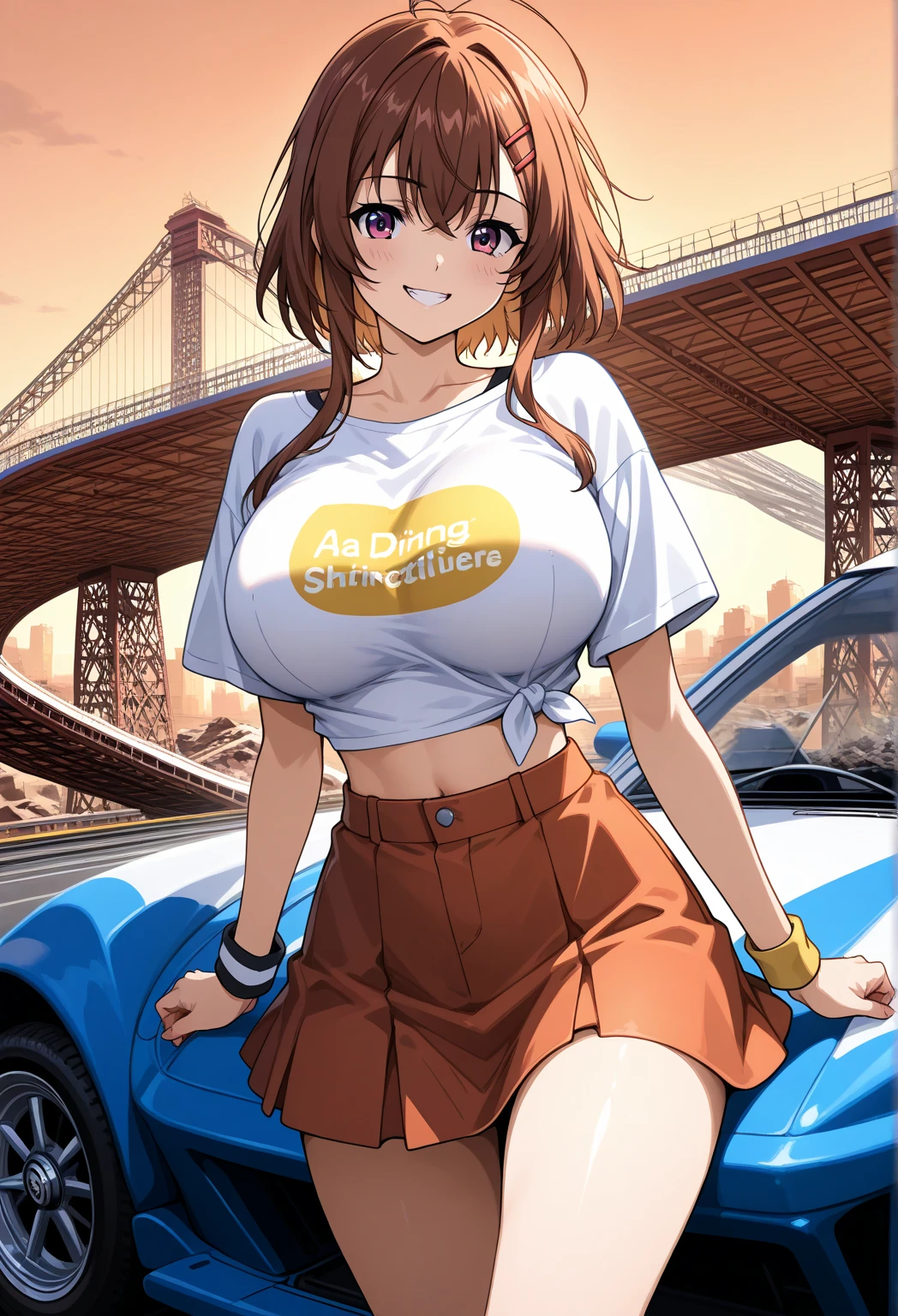 ((Highest quality)), ((masterpiece)), (detailed), One person,Age 25,Race Queen,model,(Sit on the hood of a car),(White mini skirt),(Blue top),(Open the buttons on your shirt),Navel exposed,Big Breasts,blush,Underbust,(Her cleavage is visible),(Excited expression),(Captivating look),Several men with cameras,(modelの女の子を囲みます),(Excited Men).Browsing Caution,sexy,(Put your hands together)Sweat,(Black garter belt),(Move your tongue up and down),