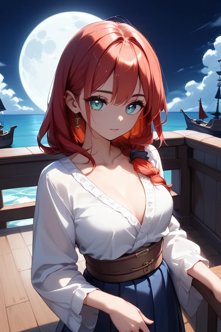 Japanese cartoons, (((portrait of he said))), A woman, (((Red hair))), (((blue eyes))), (((Female Pirate)), 8K, unreal engine, Octane Rendering, From kyun, gamang, Yoon Kun-gil, g.arrive, gosonjak, shrup, Serious, Many rice, Noah, trending on pixiv, fan box, Skobo, masterpiece, Smooth and soft skin, big dreamy eyes, Beautiful and Intricate Colored Hair, symmetry, Japanese cartoons wide eyes, soft lighting, Concept Art, digital painting, Tropical Islands