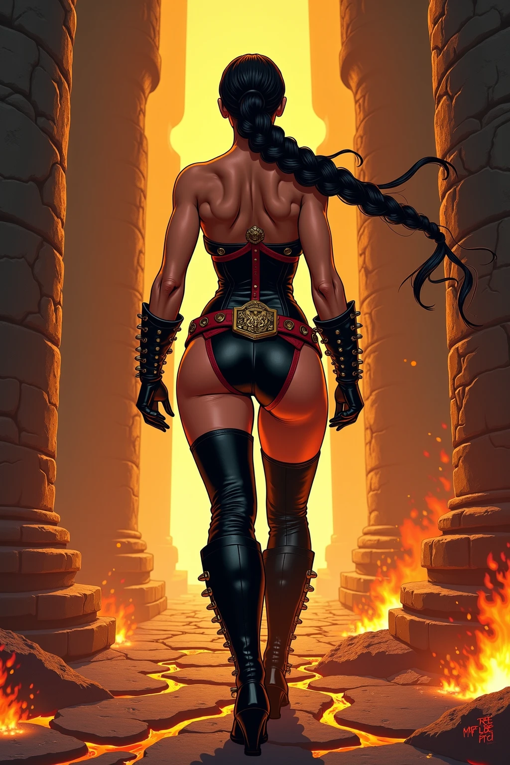 (best qualityer))), (((manga strokes))), (((back view))), (((perfect ass))), muscle woman yellow knight, metal panties with spikes, medieval albino girl, Barbed wire garter belt, breasts covered with a metallic chest protector, black hair with moths and yellow highlights, long ribbon-garter, chains wrapped around the arm, metal gloves, great sword, medieval castle, fitness body, blood, nude belly, coxas nuas (((manga style))), violent, Manic, muscled body, thin but strong, perfectbody, armor black, ornate metal sleeves, Intricate look with a huge medieval castle