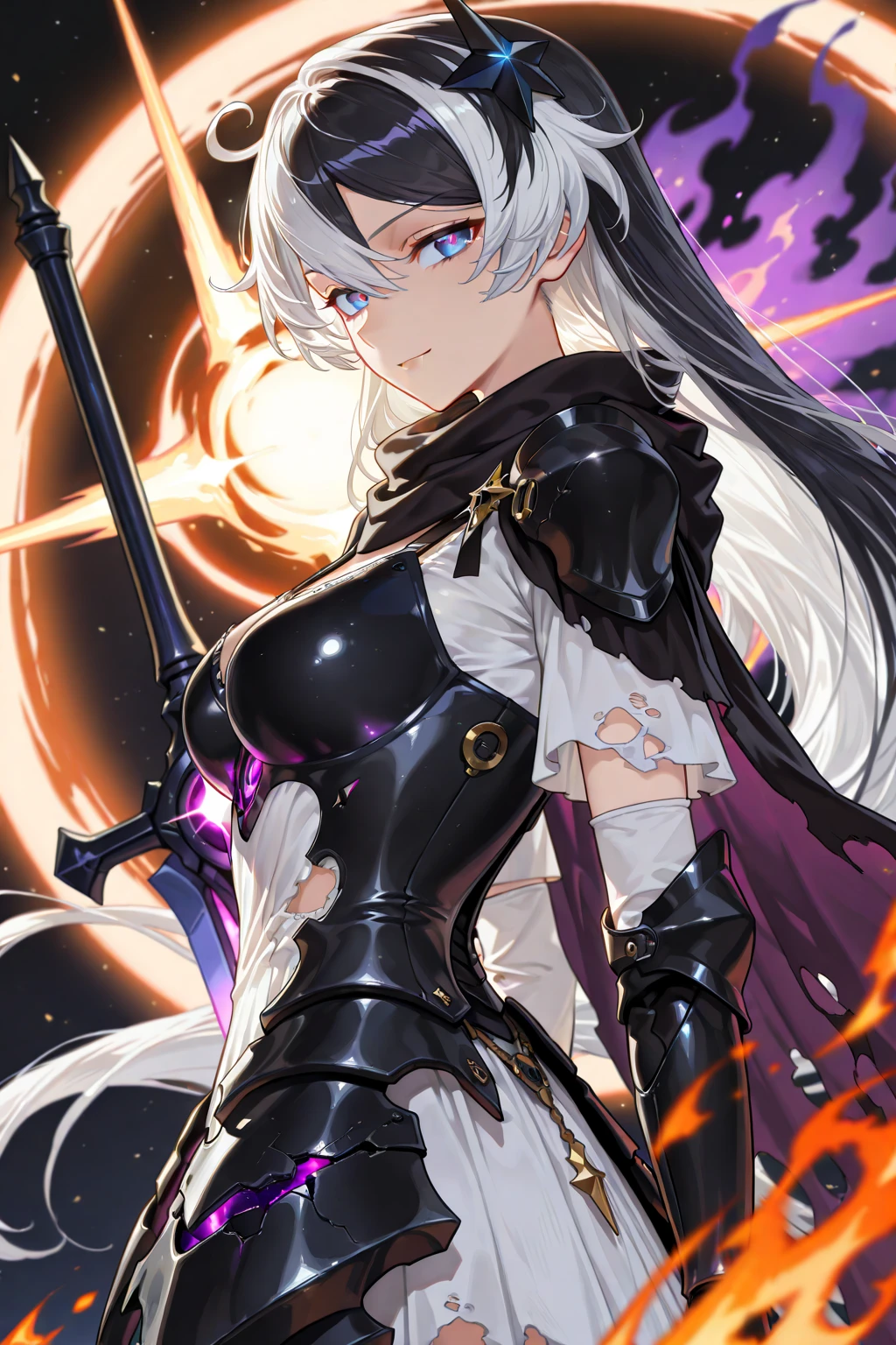 1) A girl with white hair and multicolored hair strands, her stunning purple eyes shining brightly.
2) She wears a mask on her head, adding a mysterious and intriguing touch to her appearance.
3) The lighting comes from the side, casting dramatic shadows and emphasizing her features.
4) The air is filled with delicate light particles, creating a dreamlike atmosphere.
5) The background is adorned with an elaborate wallpaper, adding a touch of elegance to the scene.
6) Her arms are covered in armor, showcasing her strength and resilience.
7) As the girl exerts herself, beads of sweat glisten on her forehead, adding a sense of intensity and determination.
(best quality, highres, ultra-detailed), white hair, multicolored hair strands, (purple eyes, detailed eyes), (mask on head), sidelighting, (light particles), (elaborate wallpaper), (armored arms), (sweating)