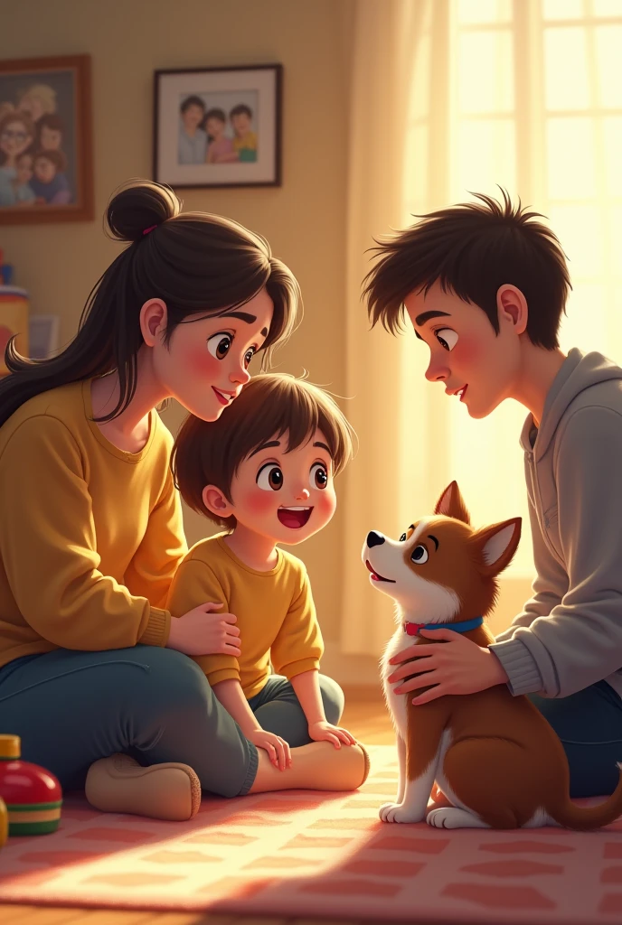 Create a 3-person family photo, a mother with her two children. The mother must be a 6 woman with black hair, short to the shoulders, small nose, tender look brown eyes, with a chubby body. His son, 2, short brown hair, athletic, sportsman, with short beard, beautiful smile and tender brown look. His daughter is a woman, 3, Brown hair tied up in a bun and parted in the middle, pearl hoops, tender eyes and big glasses, small nose y una sonrisa tierna, chubby with body curves. This family has 3 dogs, a small white poodle puppy with light brown ears. A cheerful white medium sized Jack Russell dog with brown spots and a patch over his right eye. And the last big fat pitbull dog, light cinnamon fur. More serious but with a good face. The image must be illustrated cartoon 3d, Pixar type of Disney,