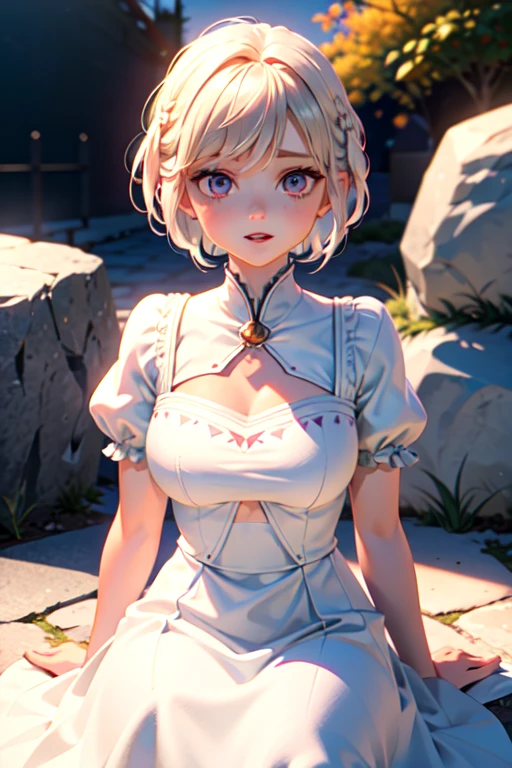 masterpiece, best quality, ultra detailed, highres, extremely detailed CG unity 8k wallpaper, perfect lighting,  very detailed background, Outdoor、beautiful and aesthetic,sharp focus, perfect face, Perfect hands、Perfect Fingers、Perfect toes、Five fingers、
Glossy blonde、blue eyes、White clothes, look down、Upper Body、Fair skin、Short Bob、Completely wet、French Braid、Blushing、Blunt bangs、Hoop Earrings、Gradient Hair、The left sideburn is longer than the right、(Hide your arms behind your body:1.2)、cleavage,cleavage cutout、(twinkle(in the eyes):1.2)、Pull up your skirt