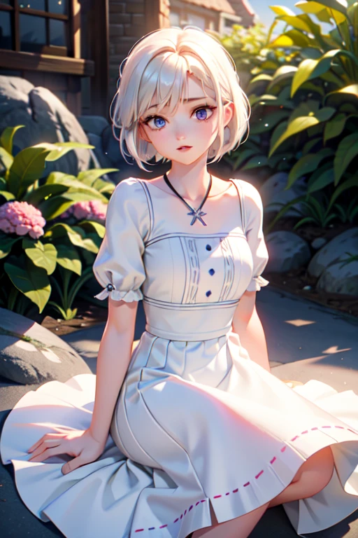 (masterpiece, best quality:1.4), (8K), Young blonde beauty, (((18 years old, neat girl))), detailed blue eyes, long eyelashes, blush, kind smile, , upper body, , small , slender thin legs, ipen legs, , pink skirt, (looking at viewer), beautiful blonde hair, white-skinned, bangs, pigtails (medium size ), (mushroom forest, celestial forest, beautiful and magnificent pink sunshine, majestic sky), natural light, pastel colors)
