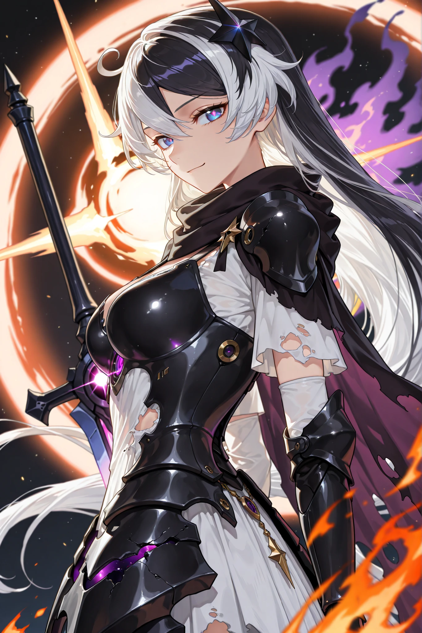 portrait, masterpiece, best quality, amazing quality, very aesthetic, high resolution, ultra-detailed, absurdres, (hands:-0.22)
1girl, woman, solo, alone,(looking at viewer, three quarter angle, side shot, closeup:1.19), (KianaHi3, Fol005, Kia_Hof:0.22), smirk, expressionless, white hair, very long hair,(multicolored hair, black hair:1.43), two tone hair, , blue eyes, purple eyes, nova eyes, kiana kaslana,alter dress, armored skirt, alternate white dress, chestplate, white chestplate, cape, armoured dress, bandoleer, scarf bandana, purple flames, purple aura, greatsword, cracked armor, demon armor,  torn dress, burning dress, cosmic sword, black hole star, novuschroma79 style, glitch art photo
BREAK, depth of field, volumetric lighting
 