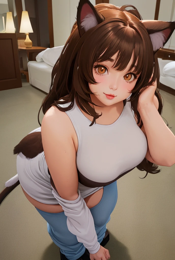 3d, Kemono, a young female cat furry, short brown hair, big girl, happy, bbw, plump, nude, ashamed, in bedroom,pussy, a male furry with erected penis, vaginal penetration, moaning, sex, intense sex, cum, high angle, l
