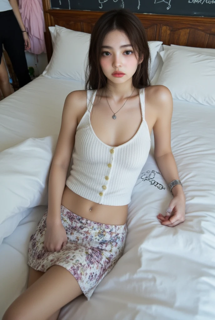 ((Wide-angle photography, Sex Photo, Clear photos, Take a full body photo:1.5)),
(Formal clothes for work, Crew neck short sleeve T-shirt, Long skirt:1.8),
(No bra, The shape of the nipples is visible,rich,Beautiful thighs,Ultra-detailed skin,Small pores in the skin:1.4),

((Her body is incredibly beautiful and stylish, She has an angry look:1.4)),
((Sitting deep in bed, Cowgirl:1.5)),

((32 years old, Beautiful sister in law, Naughty lips, Sexy body, Body facing forward:1.4)),
((Small breasts, Flat Chest, chest is slightly drooping:1.2)),
((Large bedroom, Spotlight:1.4)),

Eye focus, Narrow shoulders, Beautiful clavicle, Thin arms, Thin legs, The back of the hand is beautiful and feminine, Slim figure, Soft belly, Tight waist, Highly detailed face, super detailed breasts, Ultra-detailed skin, Fair skin, Shiny skin, Ultra-detailed lips, Fuller lips, Thick and soft lips, Glossy pink lips, Blushing, White teeth, blue eyes, Beautiful actress makeup, Intense and cute makeup, Pink lipstick, Dark brown hair, Delicate and soft hair, (Put your hair up, Fluffy short bob, ponytail:1.2), (Sweep your bangs to the side:1.2), (Stylish earrings,necklace:1.2),
