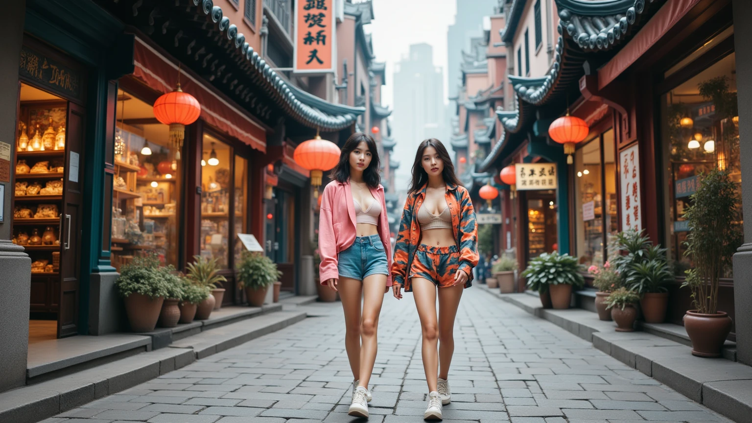 Two sexy chinese women, naked, hairy pussies, background streets