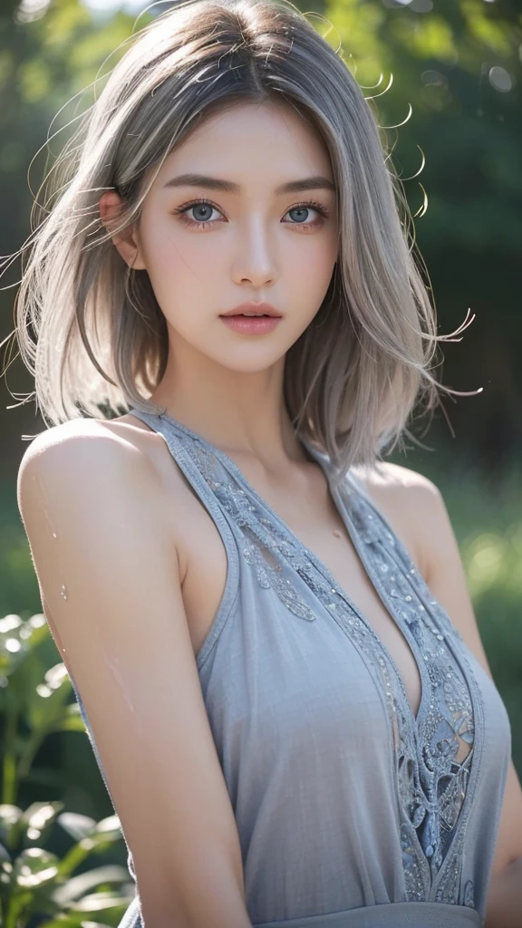 f2.8、When the depth of field is shallow、1/30 seconds、ISO sensitivity is 100、In 8K,highest quality:1.4, 超A high resolution:1.5, (realistic:1.4),masterpiece:1.2,(highest quality:1.4)、 Raw photo、(background is blurry),、Nogizaka、cute、silver hair、whole body、whole body、supple fingertips,beautiful black eyes、natural skin texture:1.3, Realistic eye and face details:1.7、medium breasts、look at the audience、beautiful feet、spring、High resolution、 one beautiful young woman、 (Soft saturation:1.3)、(white skin:1.2)、 (非常にdetailed background、detailed background)、Bokeh、 break,Portrait of a smiling girl。Seen from the front、The composition is symmetrical。 Look straight ahead with serious eyes、break wrap towel、wrap towel、medium breasts、 outside the house、Uncharted、null、Light of the sun、Scenery of cherry blossom trees、 strong light、with front light、 (teenager:1.3)、(cowboy shot:1.2)、Break angle from the front、 looking at the viewer、white bikini, dynamic pose、seaweed、seaweed、seaweed、seaweed、seaweed、seaweed、