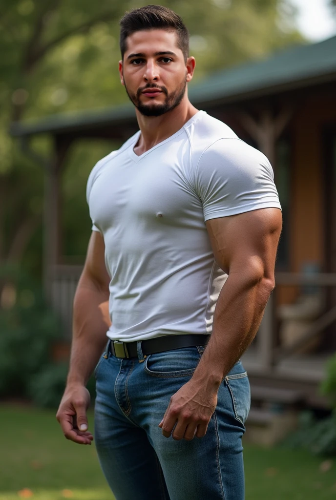 Cody Calafiore, college shirtless, big muscles, very naughty, wide shoulders, large pectorals, big biceps, buildings, whole body, Beards, ultra realistic, full body, ((black jeans)) ((Big ))