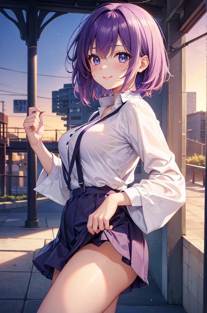 score_9, score_8_up, score_7_up, score_6_up, source_anime, mash kyrielight, short hair, purple eyes, pink hair, hair over one eye, glasses, 1girl, solo, blouse, cleavage, mini skirt, high heels, posing, smiling, fullbody shot, the background is a show with lots of lights and reflectors everywhere