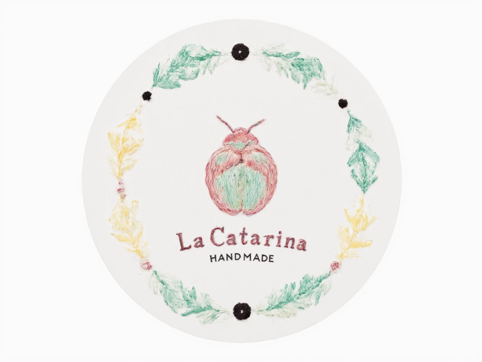 - Prompt: ["A minimalist, round logo for 'La Catarina Handmade', featuring a single ladybug (catarina) with a smooth, wingless body (no separate wings), embroidered-style details, and tiny stitching textures. The design should be simple, symmetrical, and centered inside a perfect circle. Use soft pastel colors (blush pink, mint green, cream) for the ladybug and thread accents. The background must be fully transparent (PNG). Avoid any elements outside the circle, extra wings, or complex patterns. Style: delicate hand-stitched embroidery with subtle shadows to imply dimension."]  
- Model: Realistic Vision V5.0  
- Sampling: DPM++ 2M Karras  
- Steps: 30  "transparent background, vector-s
- CFG Scale: 8  
- Resolution: 1024x1024  tyle, no wings, no extra elements"