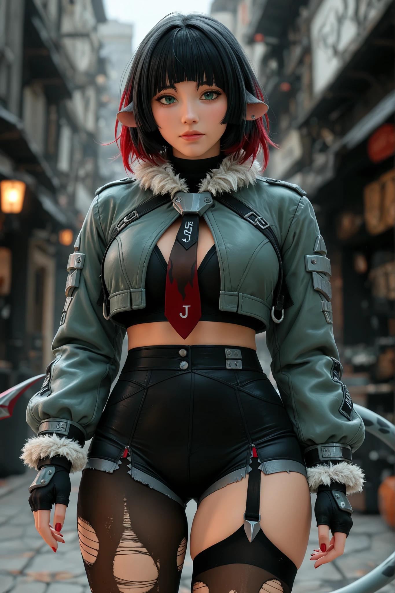 best_quality, absurdres, ultra-detailed, highly_aesthetic, 8K, UHD, highly_detailed_eyes, depth_of_field, subject_focus,
j4ne d0e, tail, two-tone hair, black hair, red hair, blunt bangs, animal ears, green eyes
torn clothes, fur trim, green jacket, fur-trimmed jacket, cropped jacket, necktie, long sleeves, fur-trimmed sleeves, black gloves, fingerless gloves, black shorts, short shorts, black pantyhose, single leg pantyhose, torn pantyhose, black thighhighs, single thighhigh, torn thighhighs, garter straps, red nails
