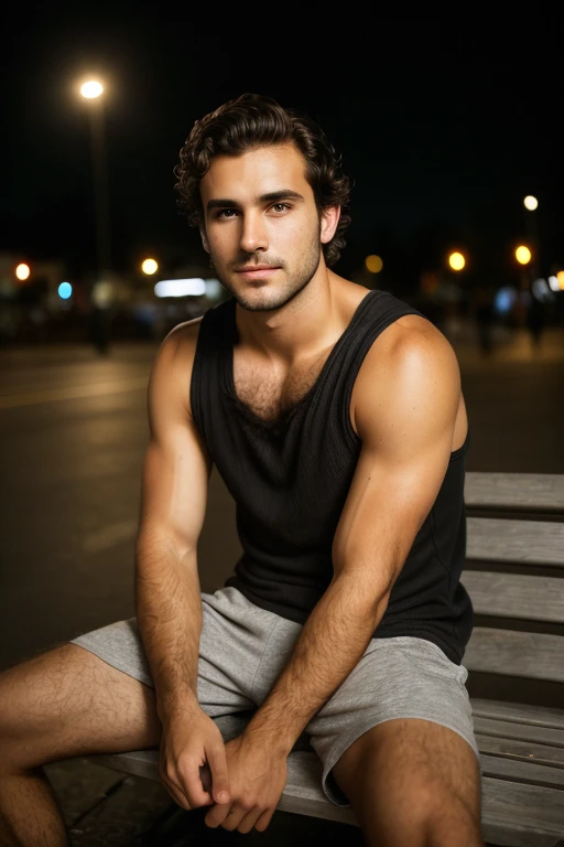 (((1 man))) wearing a loose black tank top and short skinny black jeans, very detailed, 18 years old man, short black messy hair, brown eyes, (short facial hair), ((happy hairy trail)), sitting on a bench on a city street at night, high-res, masterpiece, best quality, intricate details, highly detailed, sharp focus, detailed skin, realistic skin texture, texture, detailed eyes, professional, 4k, shot on Canon, 85mm,shallow depth of field, Kodak vision color, perfect fit body, extremely detailed, photo_\(ultra\), photorealistic, realistic, post-processing, max detail, roughness, real life, ultra realistic, photorealism, photography, 8k uhd, photography (film grain) full body shot atmospheric dark lighting