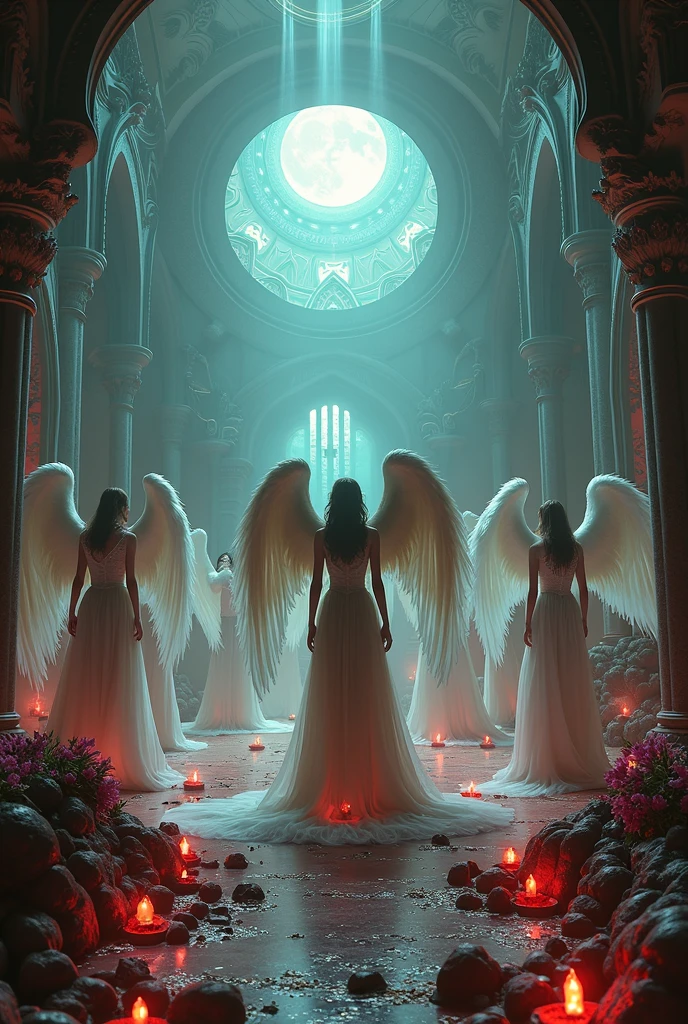 (highest quality, masterpiece, High resolution), 16K, fantasy art, RPG art a picture of (((2 women))), BREAK a (1female angel: 1.3) , wearing intricate dress glam dress, ((black dress: 1.3)) pale skin, best details beautiful face , (blond: 1.2)  hair, long hair wavy hair  (blue: 1.1) eyes, high heeled boots,  large angelic wings, (white: 1.2) angelic wings spread BREAK ((AND))  a (1female skeleton: 1.3), (red: 1.4) skin, demonic wings, (black: 1.1) demonic wings spread, demonic horns, (red: 1.1) skin, black hair, red eyes, best details beautiful face, wearing a intricate dress glam dress, ((white dress: 1.3)), high heels, in the border between heaven and hell, moon, stars, clouds, god rays, soft natural light silhouette, dynamic angle,  photorealism, panoramic view (Masterpiece 1.3, intense details) , Wide-Angle, Ultra-Wide
