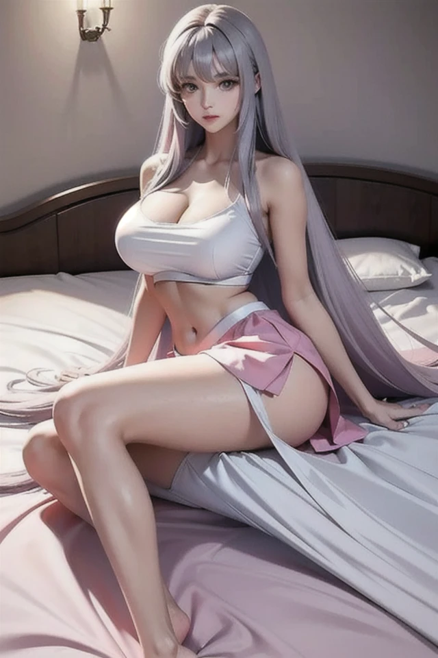 topless,vulgar,Low - Angle,from below,((1 girl, Showing beautiful medium pink nipples)), ((masterpiece, highest resolution)), (beautiful illustrations),(Beautiful semi-long silver hair),(looking at the viewer),(Lick ice cream),stick out tongue, innocent smile,cinematic lighting,(elegant pink skirt,elegant white panties),White over-kneehighs,lace chalk, Wristband, diamond necklace,Wristband, white fingerless gloves, earrings,Day,beautiful flower park