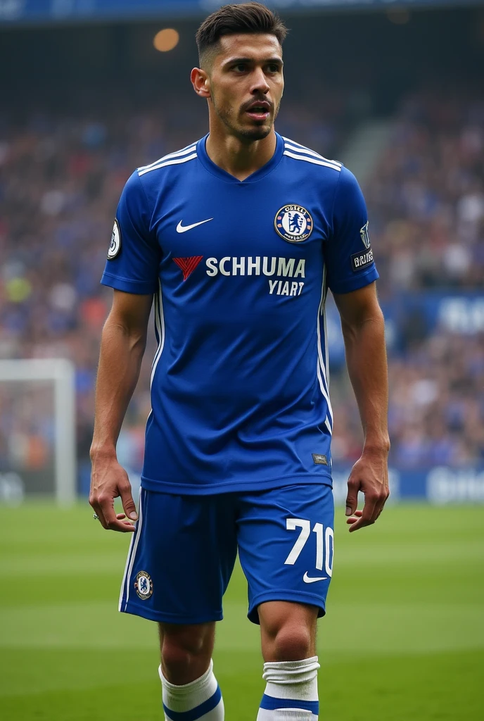 Cristiano Ronaldo posing with the Chelsea shirt on the pitch