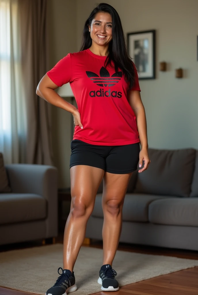 Muscular girl full of tattoos busty wearing track suit sexy face and smile, Indian female, age 33, 38-D cup breasts, huge round boobs, sweaty body, very muscular and ripped shredded physique defined arms 18 inch biceps posing biceps flex, sexy smile on face, ultra sweaty, wearing Nike sleeveless outfit flexing bicpes, highly detailed and realistic, Red jacket and White tracks with shoes, wearing headphones around neck, full body length photo looking straight at the camera full body length. 4k HD.