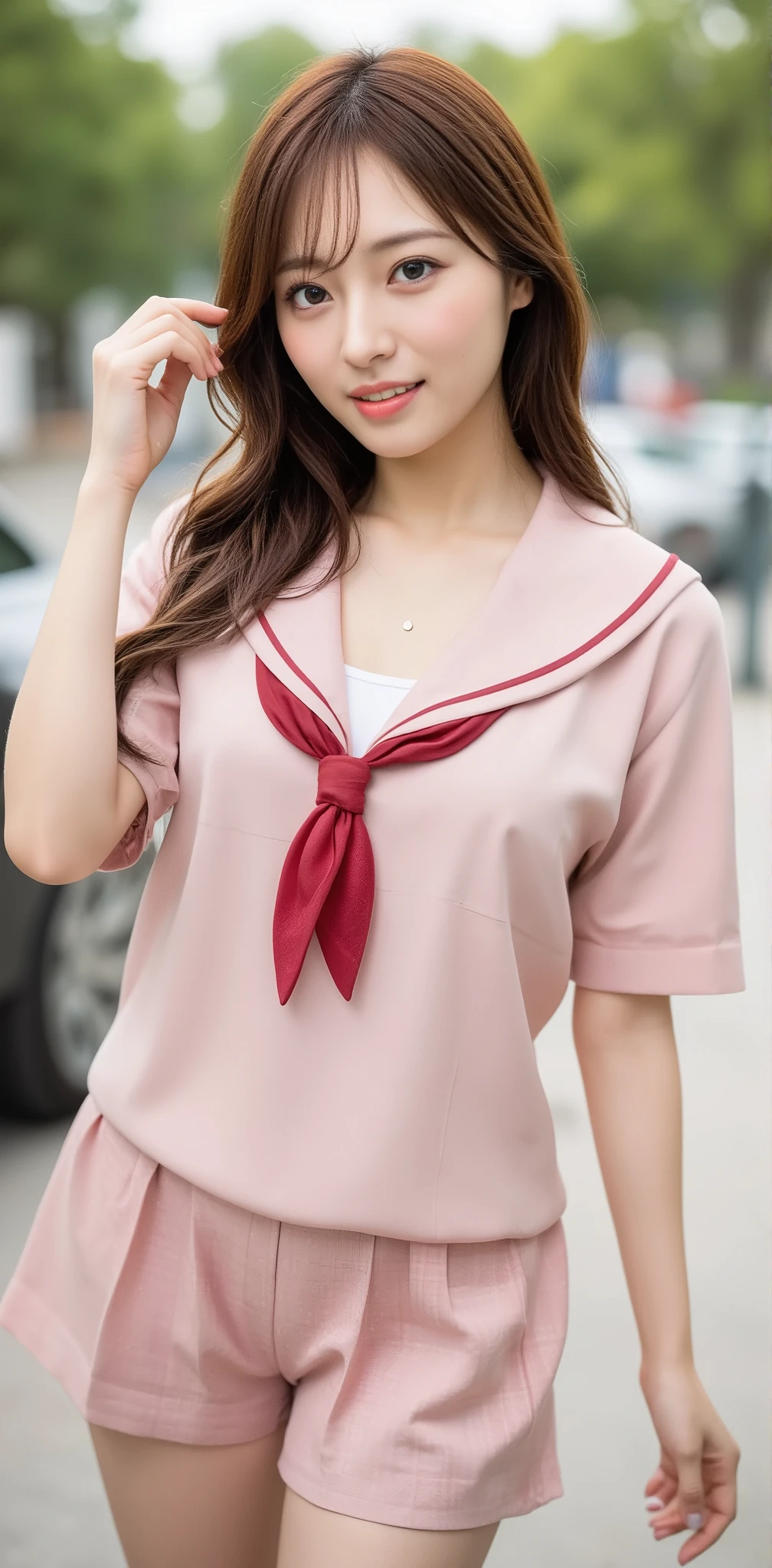 (Largesmile:1.3),(smile:1.3),( very pretty face , beautiful lips, Beautiful Eyes ), ( realistic silk panties:1.3),( silk pink panties:1.3),( looks directly at the audience :1.3),( Large目:1.2),(Double Rainbow:1.3),( has long eyelashes:1.2),32K,( pink sailor suit with short sleeves , pink sailor suit, RED TIE),(pink tartan check pleated mini skirt,)、 1 Japanese girl , brown loafers , loose socks,( beautiful teeth :1.1), masterpiece, RAW Photos, top quality, realistic , Extremely Clear Beach Side {x} High Definition CG Unity 32k Wallpaper , ( I can see your legs , Large, Green Park), (( Highly Detailed Skin)) super idol , Clear Eyes, ( slender figure、Big Breasts、 Waistline 、 slim legs、 thin thighs )