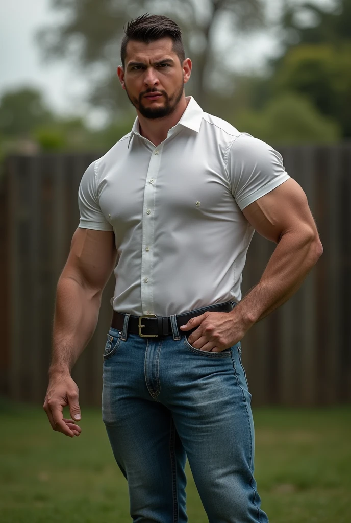age 60, white man police detective with a mature, backside, kind demeanor, strong and muscular yet chubby build, mustache, wearing dress jeans pants and a buttoned-open translucent shirt that reveals a hairy chest and a noticeable bulge, wearing detective badge on belt, giving off a hint of a horny yet disgusting aura, completing the look with comfortable loafers.