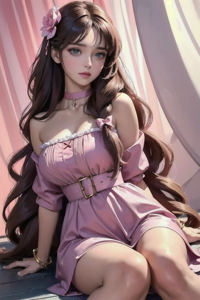 (masterpiece, best quality), 1girl, Generate an amazing, best quality masterpiece, Lilac Mesh Babydoll with Matching G-String, Toned, Diamond-Shaped Face, Bronze Skin, Wide Nose, Full Lips, Sharp Chin, Bronze satin lipstick, scrunchie, chestnut Wavy Hair Long Hair Braids, walking
