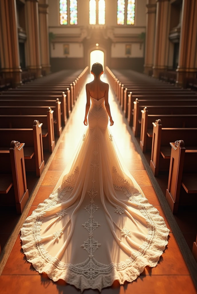 beautiful girl with black hair on a messy bun, she's wearing a wedding gown and she's walking down the aisle