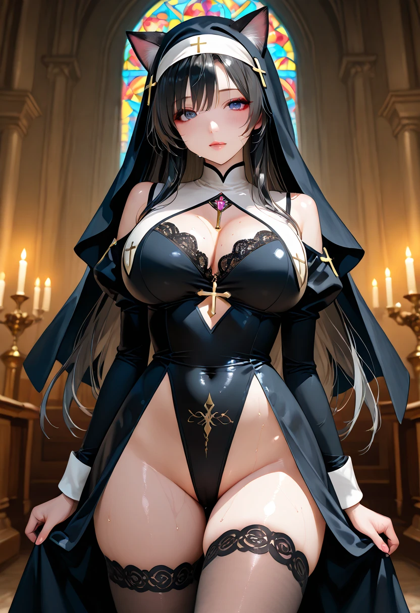 A beautiful woman dressed as a church sister, Strike a pose gracefully. She has a perfect face、, Expressive eyes, long flowing hair, And a kind smile. Her body is perfectly balanced, With a slim waist and beautiful curves. 彼女の教会のNunsたちの衣装は伝統的な要素で飾られている., Includes a modest dress with a veil and intricate embroidery. The embroidery is delicate, beautiful, Casually sexy, Enhance the elegance of your outfit. This dress has a high neck and long sleeves...., Decorated with lace and intricate patterns. The veil is of high quality, The translucent material flows gracefully over the shoulders.... The background is soft and blurry、Focus on her.. Make your underarms look natural、Maintaining balance throughout the body. The character needs to appear graceful and confident..... Please show me your armpits, Embarrassing, Are crying, anger, (Nuns),(Cross Necklace), Latex bodysuit, Shiny clothes, Perfect fit for your skin, habit, Latex gloves,Black bodysuit,Thigh-high boots, Sleeveless,