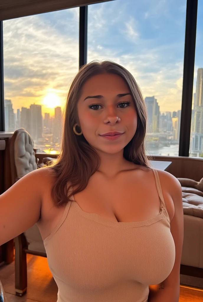 qualidade absurda. natural lightting. hiper-realismo. Fantastic illustration. Menina Chubby, plus size, branca, olhos verdes, cabelo loiro ondulado com franja, suada, cabelo molhado, saindo do banho, fazendo sexo oral, on all fours at the top of a building with the city of São Paulo, in the sunset.