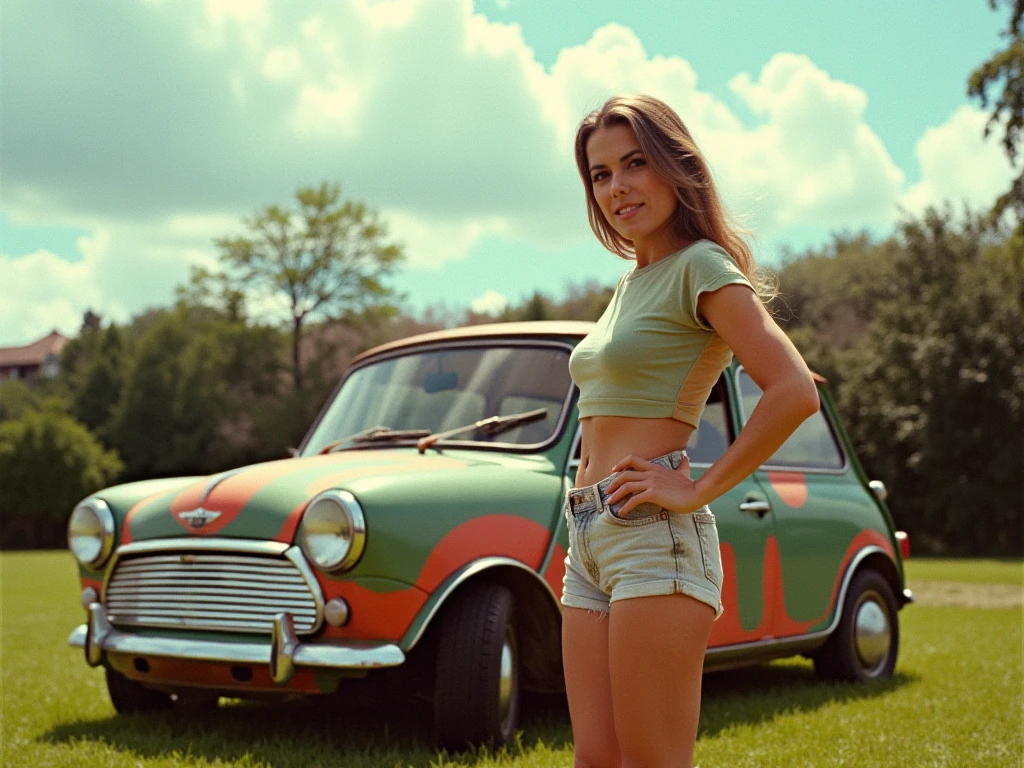 A cute baby girl sits confidently in a vibrant red Mustang, her tiny hands gripping the steering wheel as she beams with delight. She wears a floppy sun hat adorned with colorful flowers, paired with oversized sunglasses that slip down her nose. The sun glistens off the polished paint of the car, and the soft breeze rustles her hair as if inviting her to drive off into a world of adventure. The scene captures a perfect blend of innocence and imagination, as she dreams of the open road ahead.