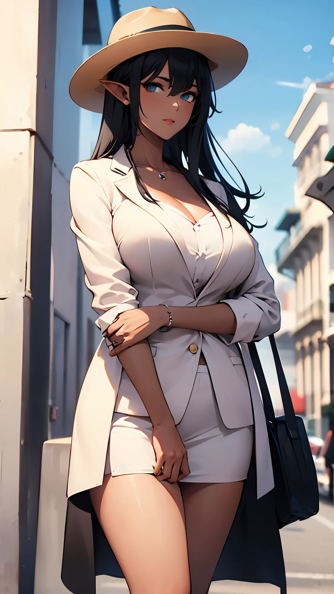 Mafia executive elf woman、Panama Hat、 wearing a jacket 、black hair、tanned skin