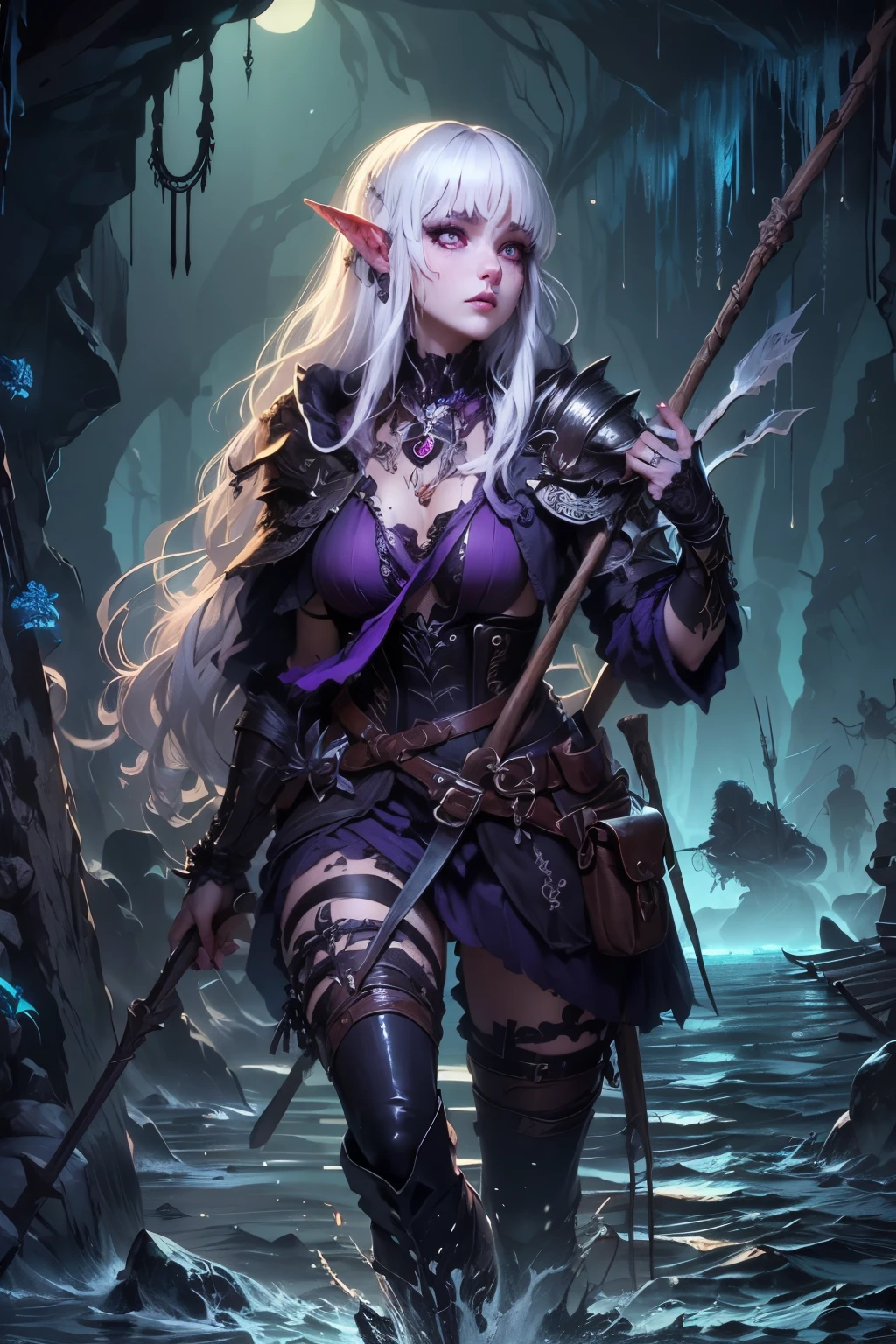 (Ultra-detailed face, Looking Away, Gothic Illustration, Dark Tone Colors.) , BREAK 
A dark, dank coastal cave. A female dark elf adventurer, armed with a three-pronged spear, is moving through a cave inhabited by fishmen, hiding in the shadows and taking cover. Ladders and bars are visible in the cave, and a patrol of fishermen can be seen in the distance. Her body is wet, her clothes are torn, and she is barefoot. Her bangs are in a messy bun. Her long white hair is wet.) , BREAK 
(She has white hair and white eyebrows, crisp bangs, shoulder-length wavy hair, small pink lips, lavender eyes, dark purple skin, and eyeliner.), (She wears a shiny black bib necklace with a net covering her neck. She wears an embroidered purple cape and a classic medieval European-style empire dress with raw embroidery. She wears sandals with braided white laces.)