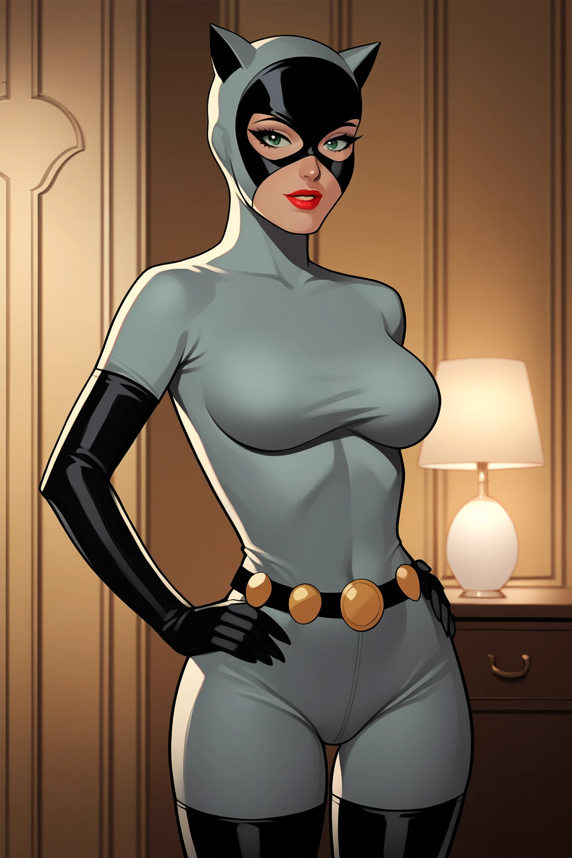 masterpiece, best quality, 1girl, catwoman, solo, green eyes, mask, lipstick, bodysuit, hands on hips, indoors, thick lineart, (traditional media:0.3), bedroom background
